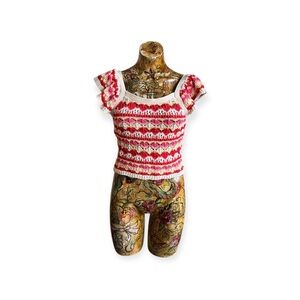 blu pepper crochet knit top in vibrant red, pink, and cream small